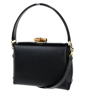GUCCI Logo Bamboo 2Way Shoulder Hand Bag Leather Black GHW Italy